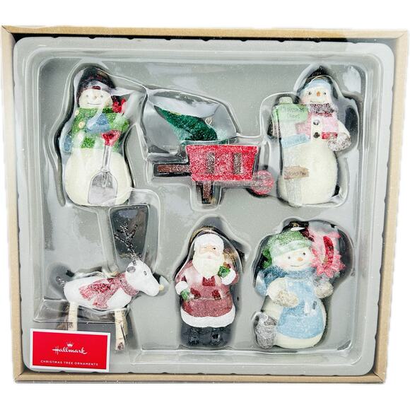 Hallmark Boxed Christmas Tree Ornaments Set of 6 Santa 3 Snowmen Reindeer Cart - Picture 1 of 9